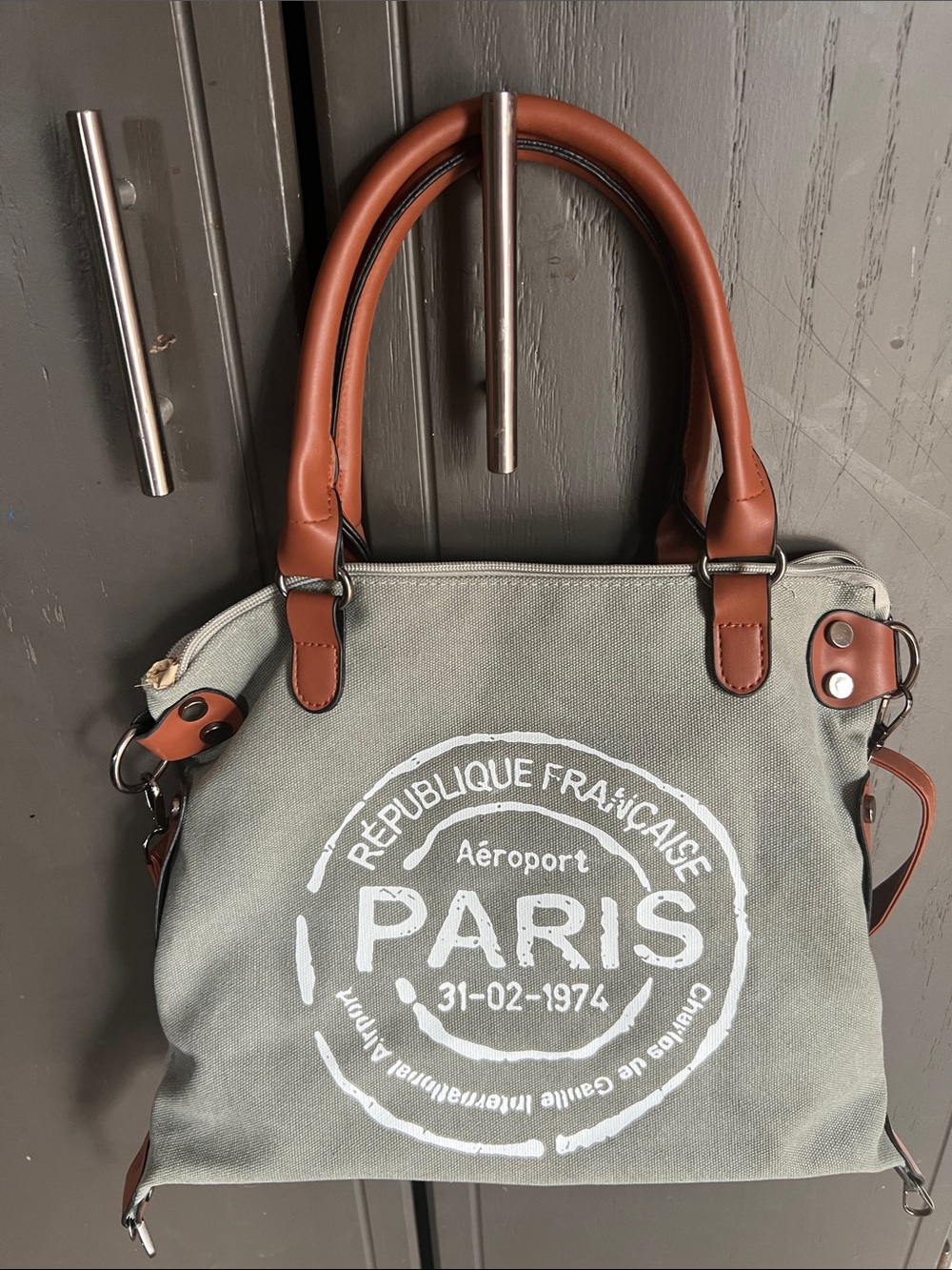 Canvas Paris Tote Bag with Brown Handles